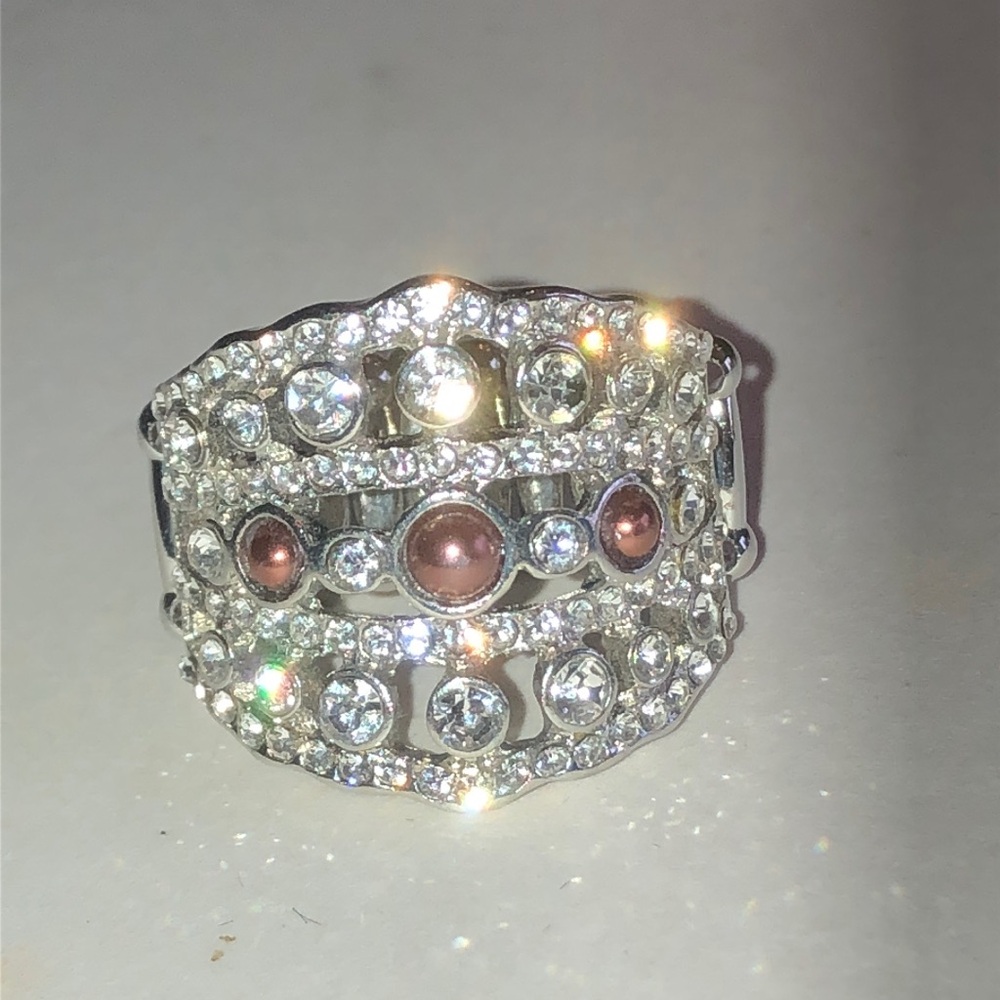Rhinestone and Faux Pearl Accent Wide Band Ring - Silver Tone